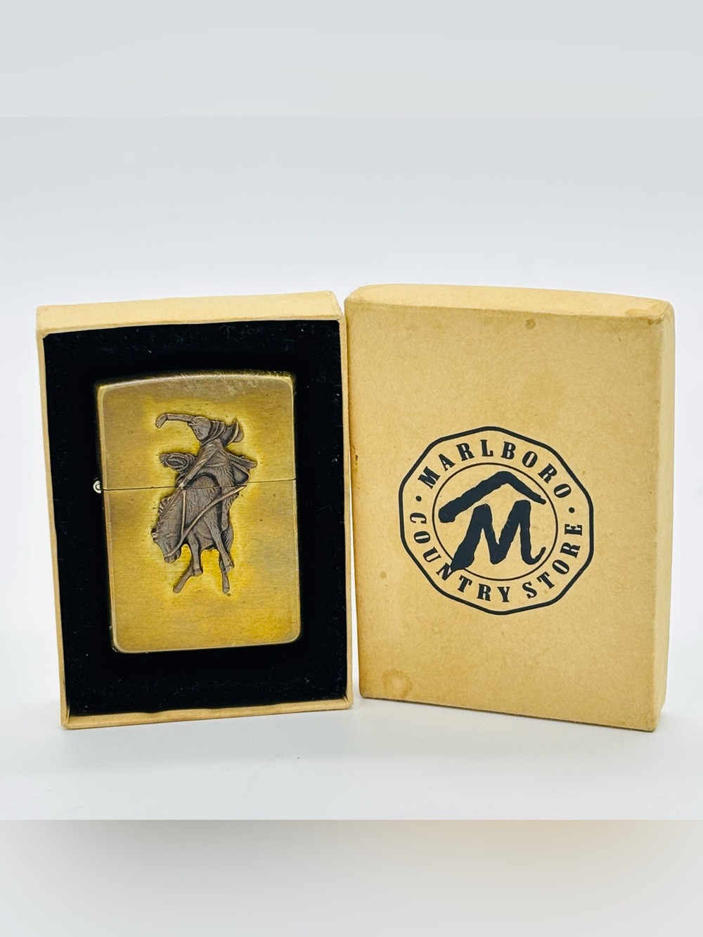 Vintage 1995 Zippo Marlboro Country Store Cowboy Bucking Bronco Brass 90s Rodeo